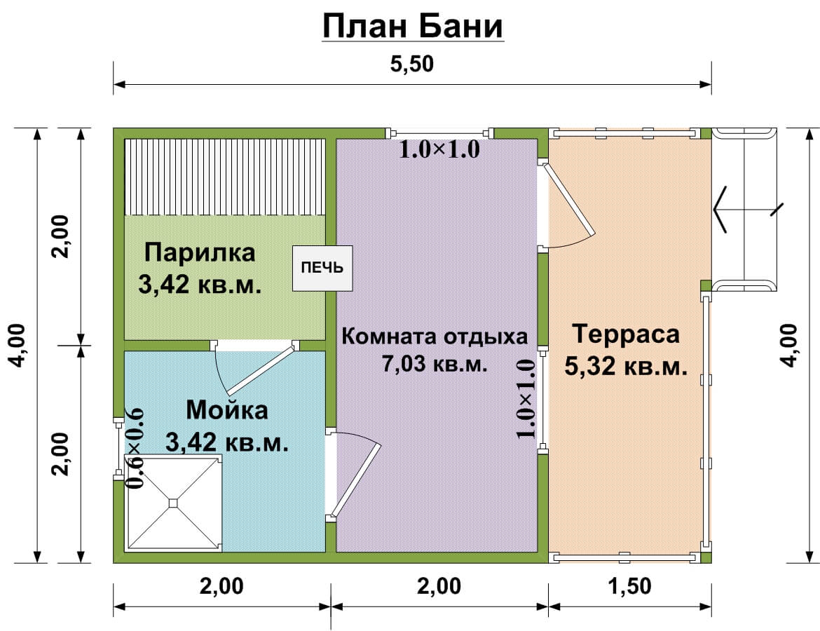 Планировка бани 4x5.5